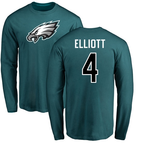 Men Philadelphia Eagles #4 Jake Elliott Green Name and Number Logo Long Sleeve NFL T Shirt->philadelphia eagles->NFL Jersey